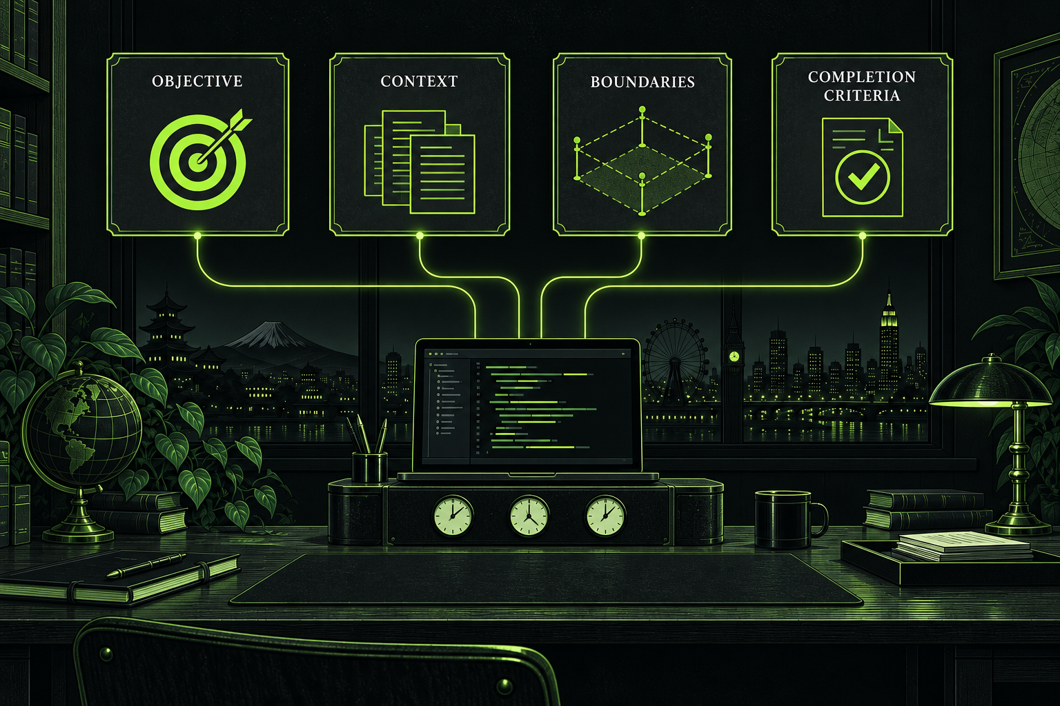 Four cards labeled Objective, Context, Boundaries and Completion Criteria feed a coding workbench, illustrating context-based prompting.
