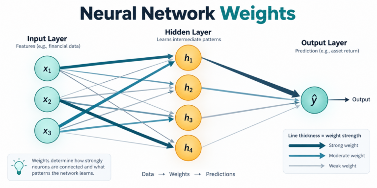 Diagram showing weighted connections in a neural network